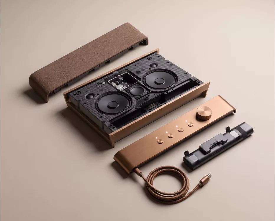 The Radio disassembled — fabric, drivers, front plate and compute module