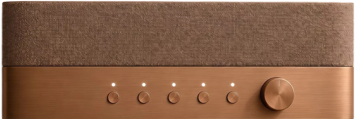 The Radio — fabric, bronze, five buttons and a dial
